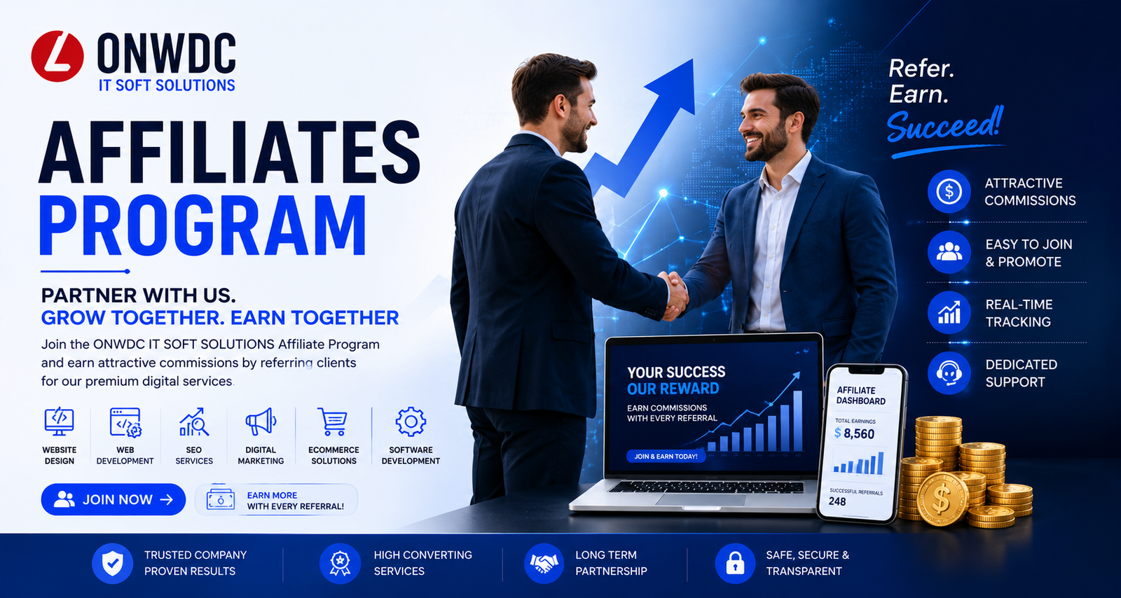 Join the ONWDC IT SOFT SOLUTIONS Affiliate Program and earn commissions by referring website design, SEO, digital marketing, and software development clients.