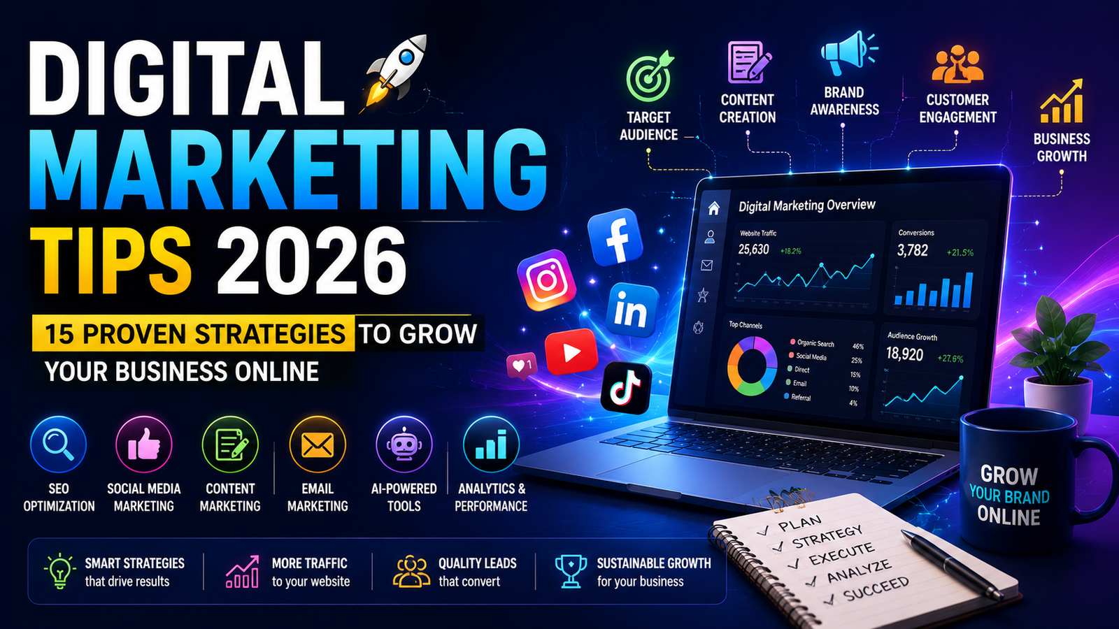 Digital Marketing Tips 2026 banner featuring SEO optimization, social media marketing, content marketing, email marketing, AI-powered tools, analytics dashboard, and business growth strategies.