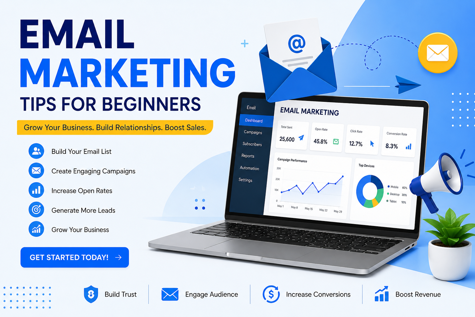 Email marketing tips for beginners with email campaign dashboard and digital marketing strategy