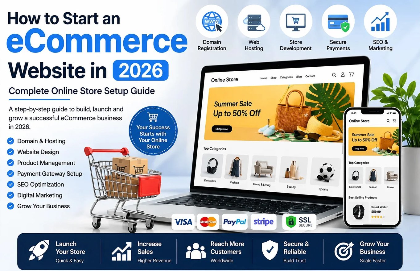 Beginner setting up an eCommerce website on a laptop using an online store platform in 2026