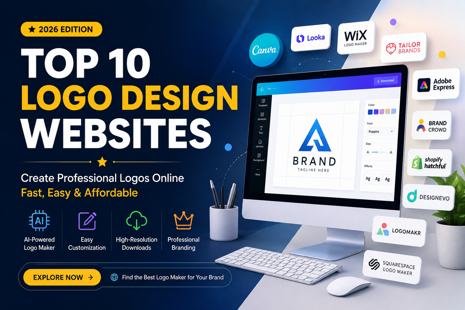 Top 10 Logo Design Websites 2026 interface showing online logo maker tools like Canva, Wix, Looka, Adobe Express and others for creating professional logos